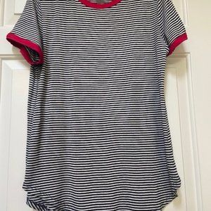 Nautical stripped white and blue tee with red accents.